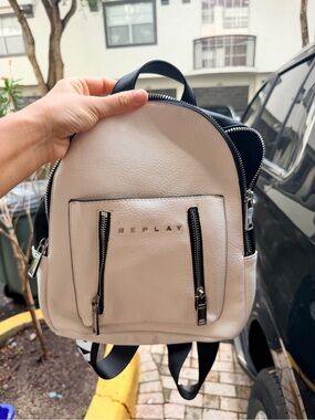Replay Small Leather Backpack in Black and Cream